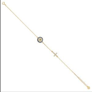 14KT Gold CZ Blue Evil Eye and Cross Bracelet